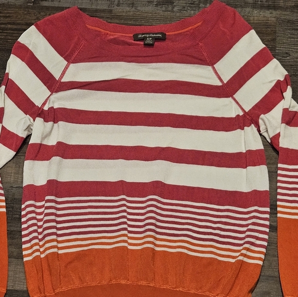Tommy Bahama Women Small Pink Orange White Striped Preppy Lightweight Sweater - Picture 2 of 5